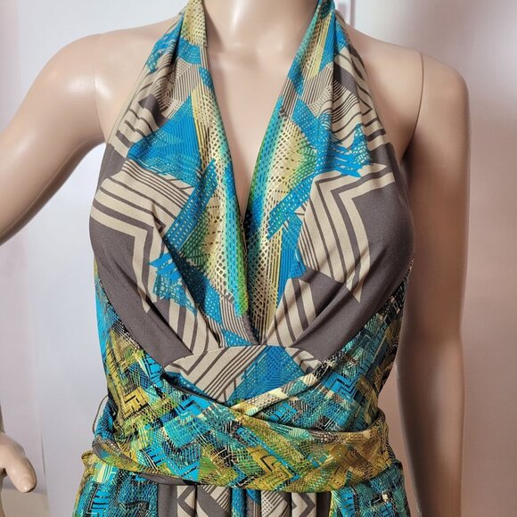 BCBGMAXAZRIA Teal Multicolor Abstract Patterned Halter Dress Size Sm V-neck Wrap - Picture 6 of 12